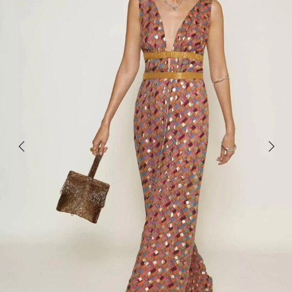 RIXO Charlotte Lamé Chiffon Gown Multicolor Mosaic Dress - Picture 4 of 8